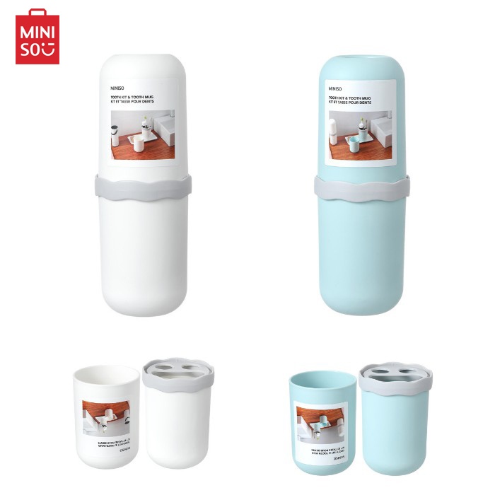 Miniso Tooth Kit Tooth Mug Blue and Off White Toothbrush Case and Mug ...