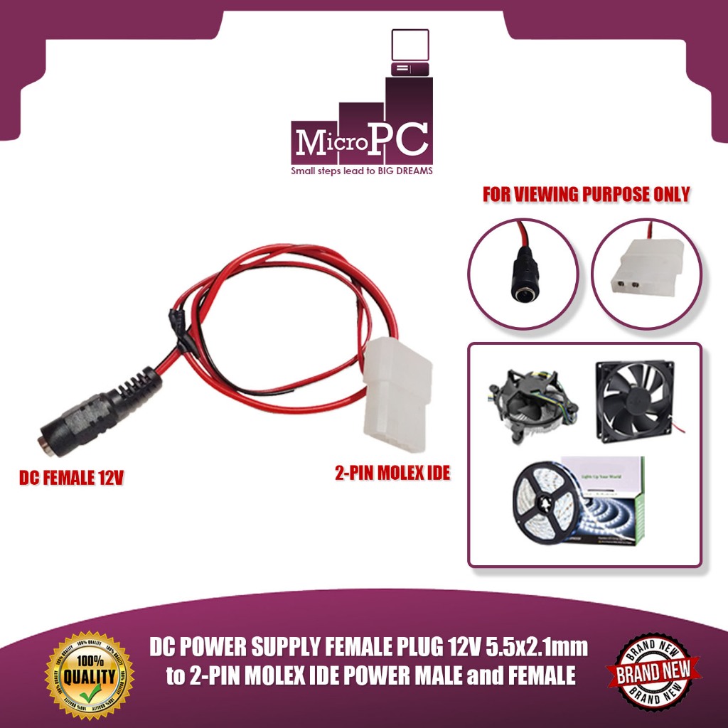 MICRO PC DC POWER SUPPLY FEMALE PLUG 12V 5.5x2.1mm to 2-PIN MOLEX IDE ...