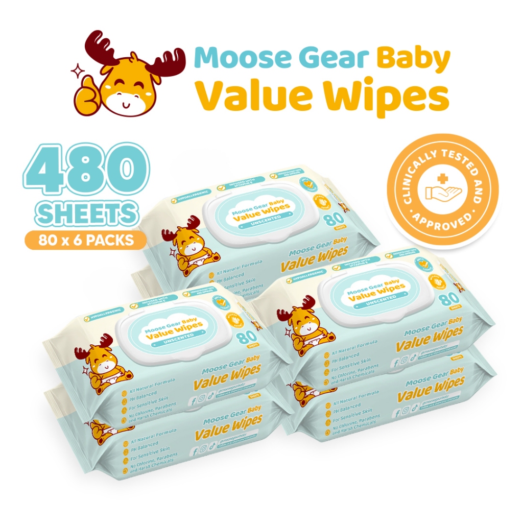 Moose Gear Baby Value Wipes Unscented 480s (6PACKS) Hypoallergenic
