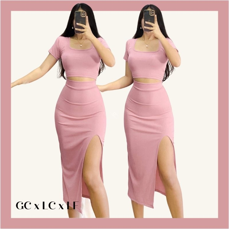 Side Slit Skirt Crop Top Coord Knit Set