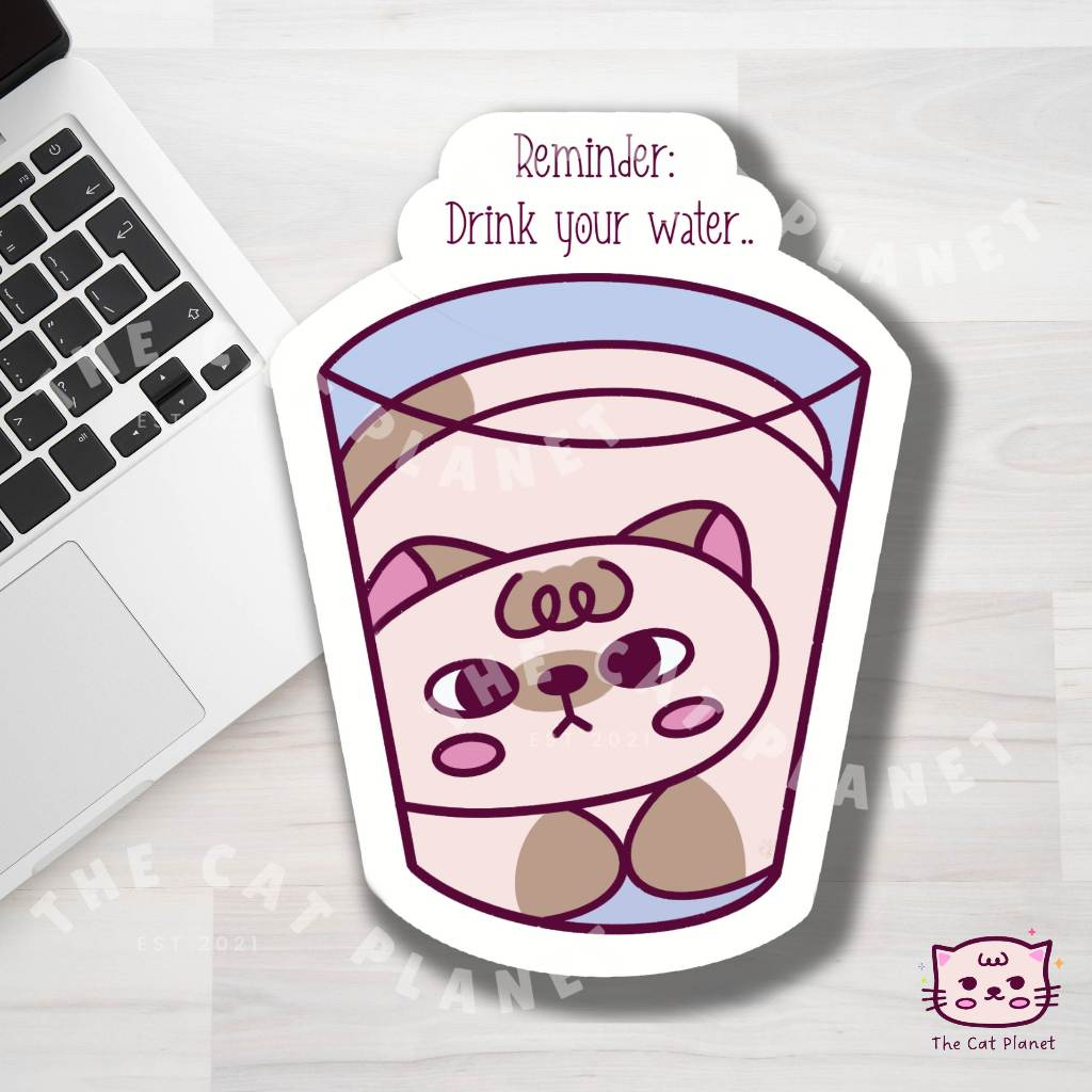 Drink Your Water - Cute Cat Sticker | by The Cat Planet - Laptop ...