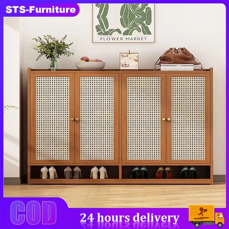 Shoe Cabinet Rattan Door Multi-Layer Large Capacity Shoe Rack French ...