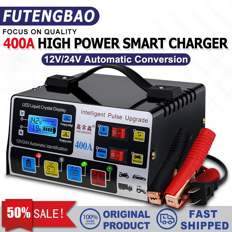 400A Car Battery Charger 12/24V Intelligent Pulse Repair Battery Fast ...