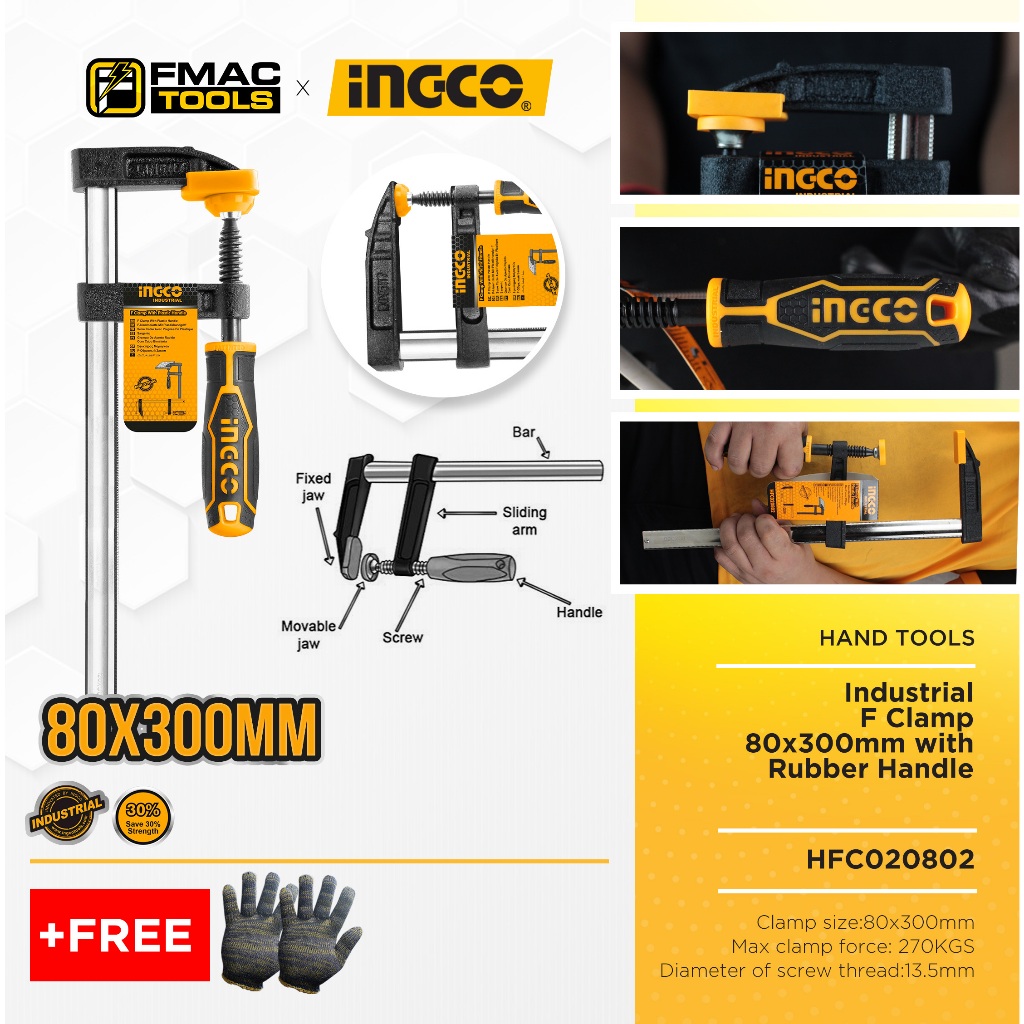 INGCO Industrial F Clamp 80x300mm with Rubber Handle HFC020802 ...