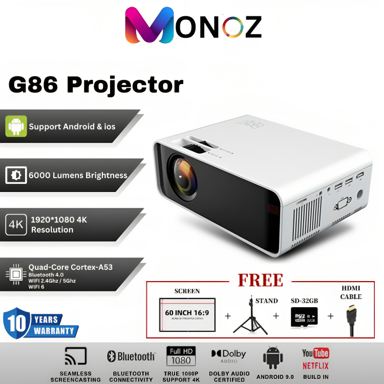 MONOZ 6000 lumens G86 Projector FULL HD 1080P Android Projector WIFI
