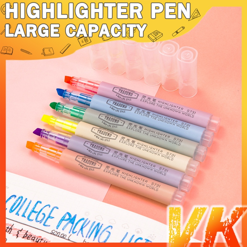 VK Highlighter Pen/diagonal Marker Focus Pastel Colored Pen Students