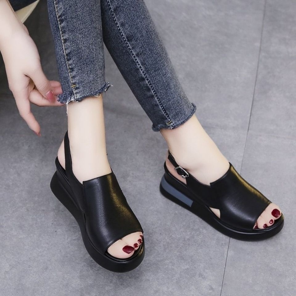 Real soft leather wedge sandals for women, thick-soled heightening ...