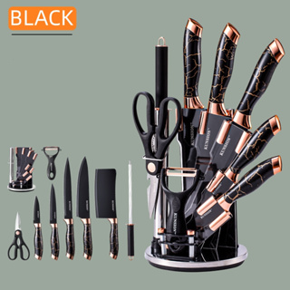 Emojoy Knives Set for Kitchen with Block,Rust Proof,15-Pcs Knife Set with Block Wooden, Black Handle German Stainless Steel Cutlery Knife Set, Size: 9