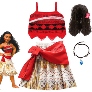 Girls Princess Moana Costume Vaiana Sling Dress Girl Set Clothes with  Necklace Cosplay Halloween Costumes Girls
