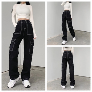  Baggy Jeanswomen High Waist Cargo Black Jeans 6 Pocket Wide Leg  Denim