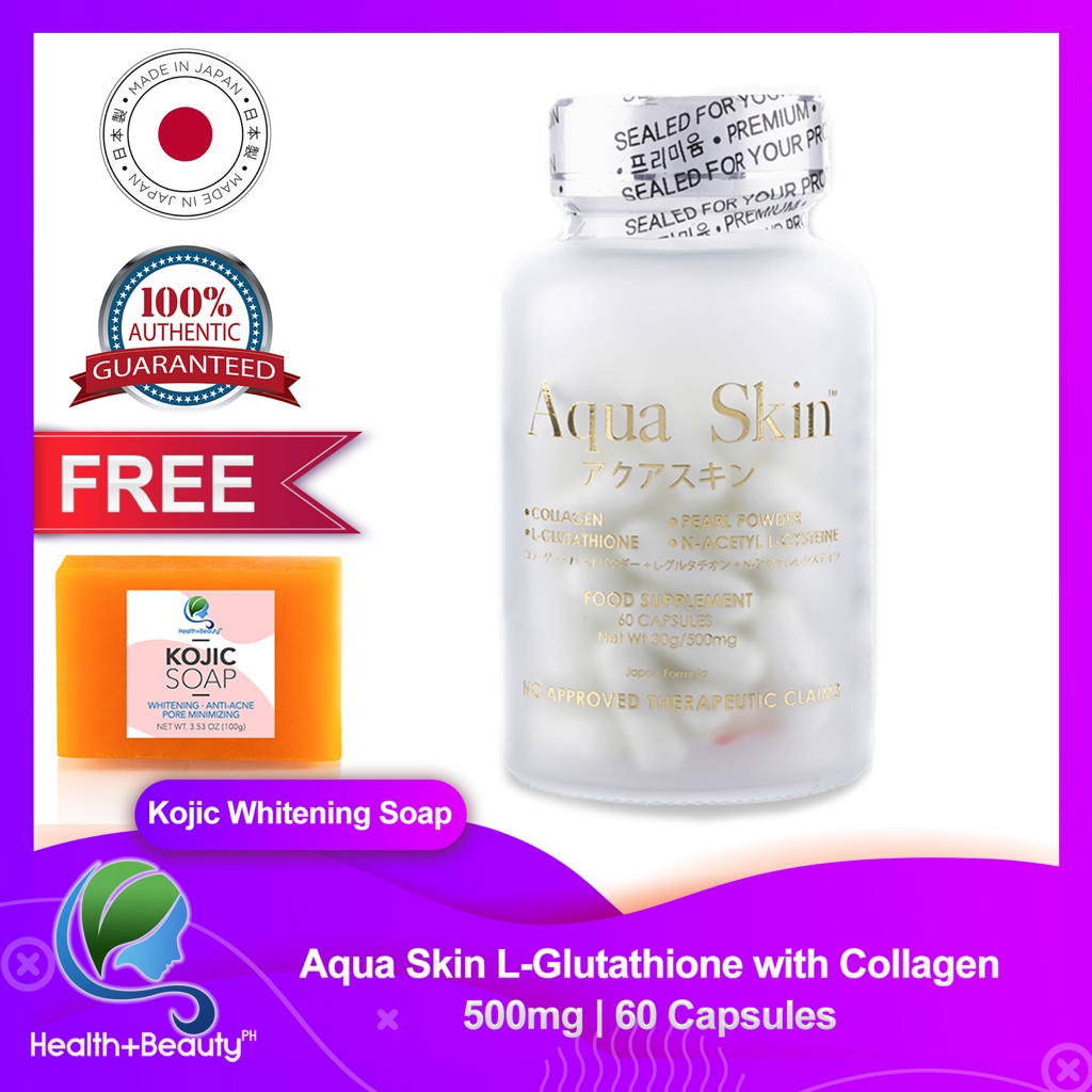 emothion s-acetyl glutathione Aqua Skin L-Glutathione with Collagen 60 Capsules FREE Kojic Whitening Soap