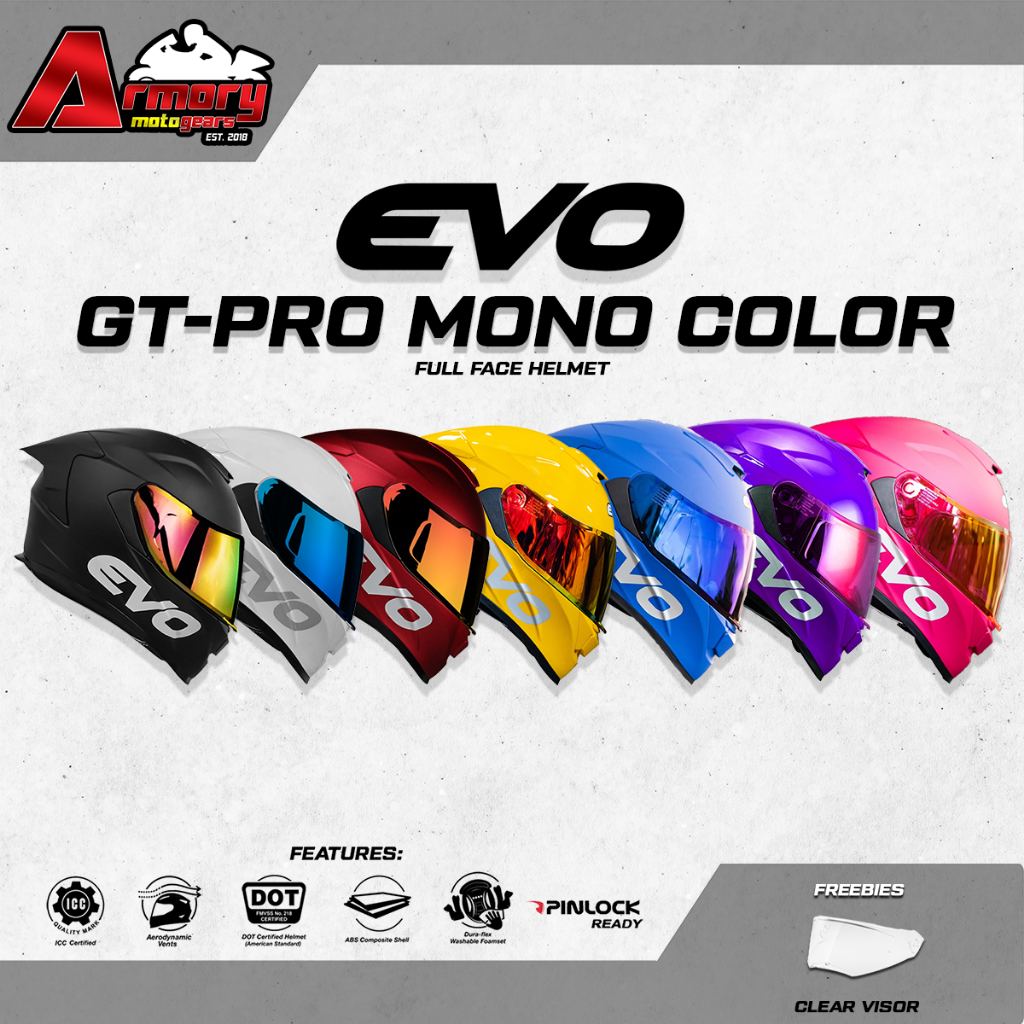 Evo Gt Pro Mono Color Dual Visor Full Face Helmet Free Clear Lens