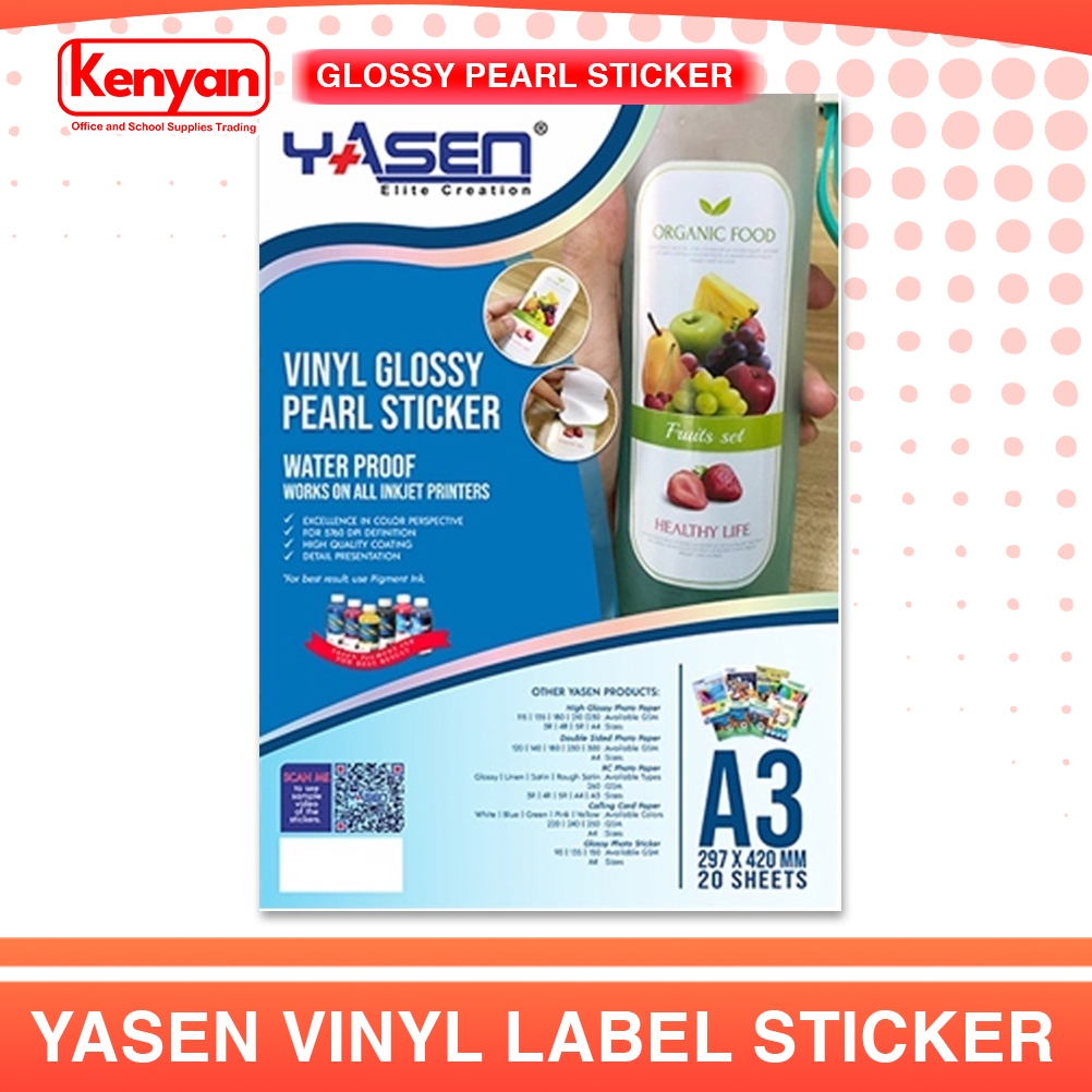 Yasen Glossy White Pearl Vinyl Sticker Paper A3 size 150gsm Waterproof