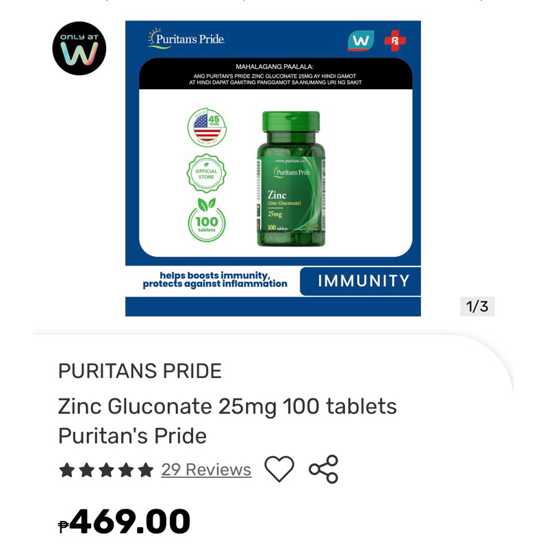 PURITANS PRIDE Zinc Gluconate 25mg 100 tablets Puritan's Pride Shopee Philippines