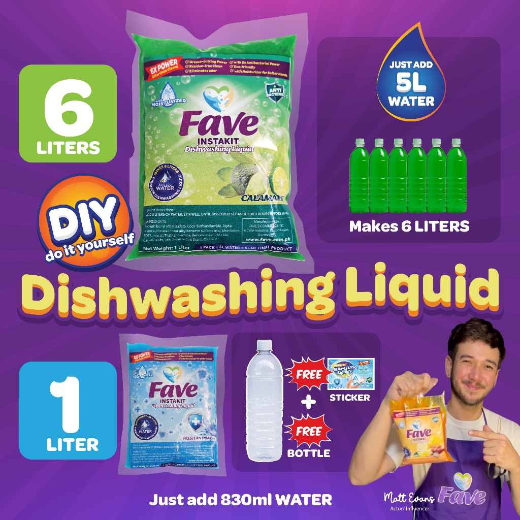 FAVE Instakit DIY DISHWASHING Liquid, JUST ADD WATER 1L & 6L Yield
