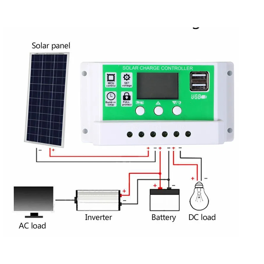 10A/20A/30A 12V 24V Solar Controller Lithium Battery LCD Display PWM R 