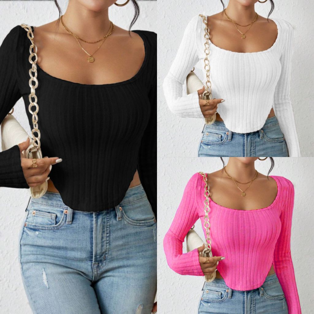 KILY.PH Square Neck Longsleeves Assymetrical Hem Crop Knit Tee 6A0276 ...