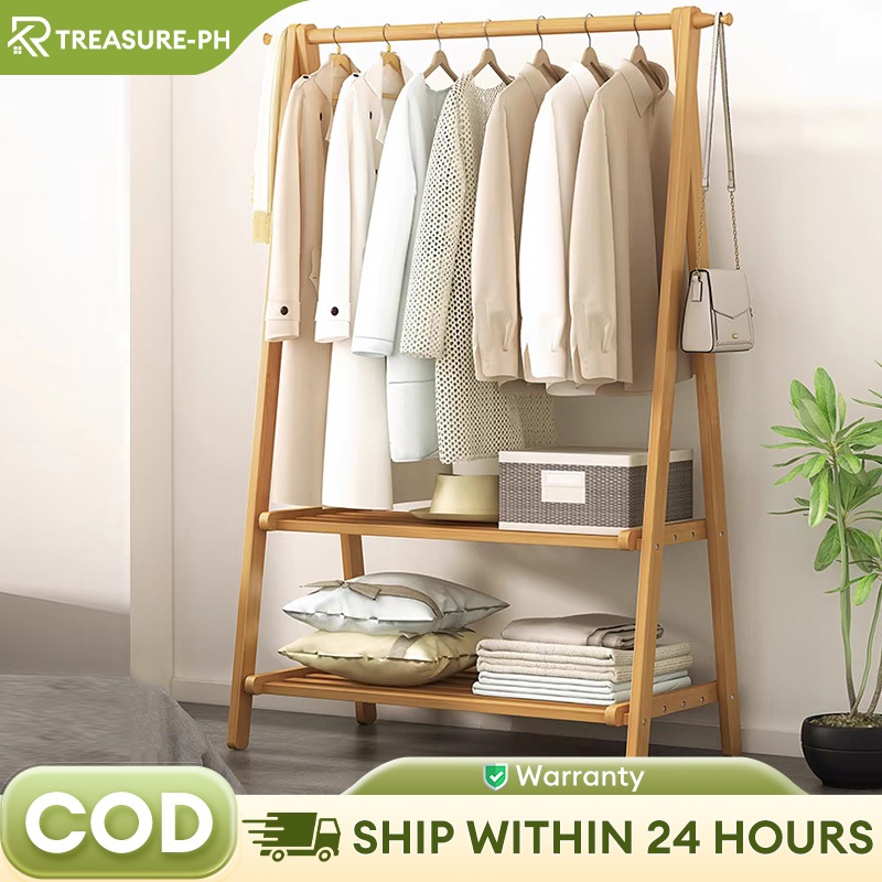Foldable Bamboo Clothes Rack Clothes Hanging Rack With Hooks Portable ...