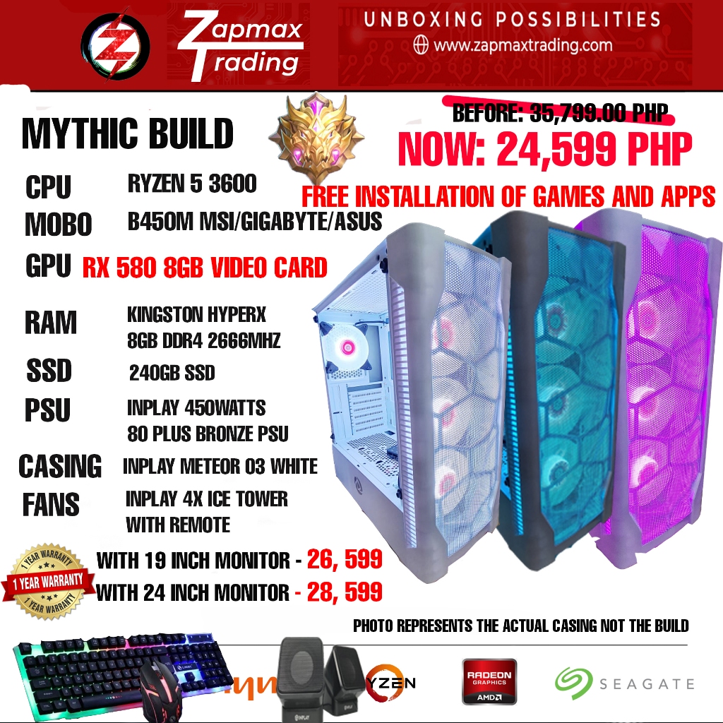 AMD RYZEN 5 3600 BUILD (BRAND NEW) / RX580 8GB GAMING DESKTOP COMPUTER /  FREE INSTALLATION OF GAMES | Shopee Philippines