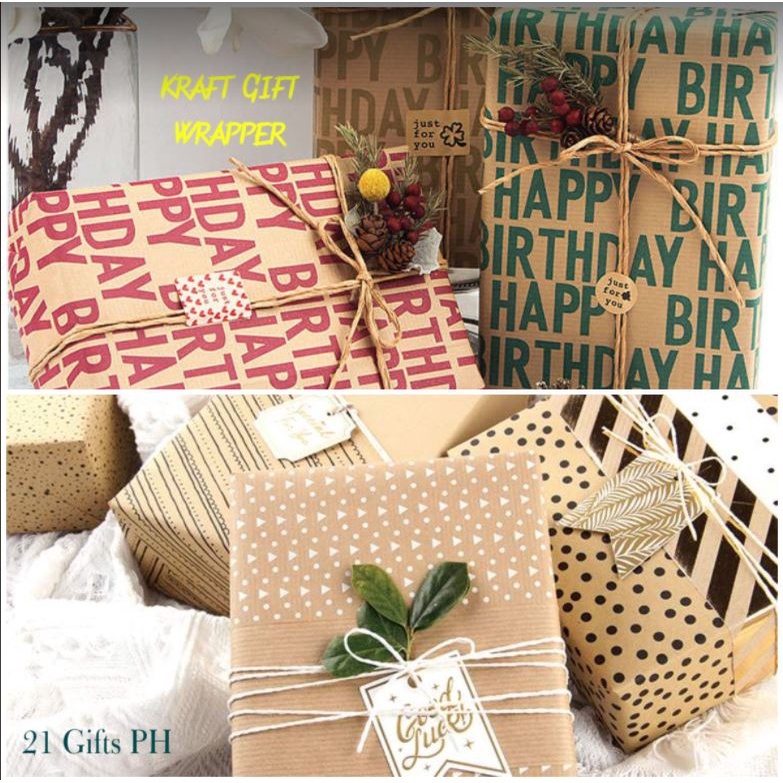 Brown Kraft Gift Wrappers Happy Birthday and Retro Patterns 70x50cm ...