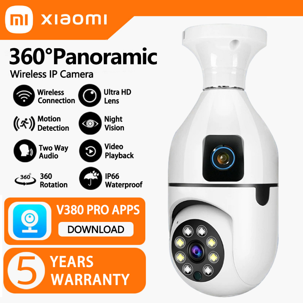 V380 PRO CCTV Bulb Camera Dual Lens WiFi Connect To Cellphone 2K HD 360 ...