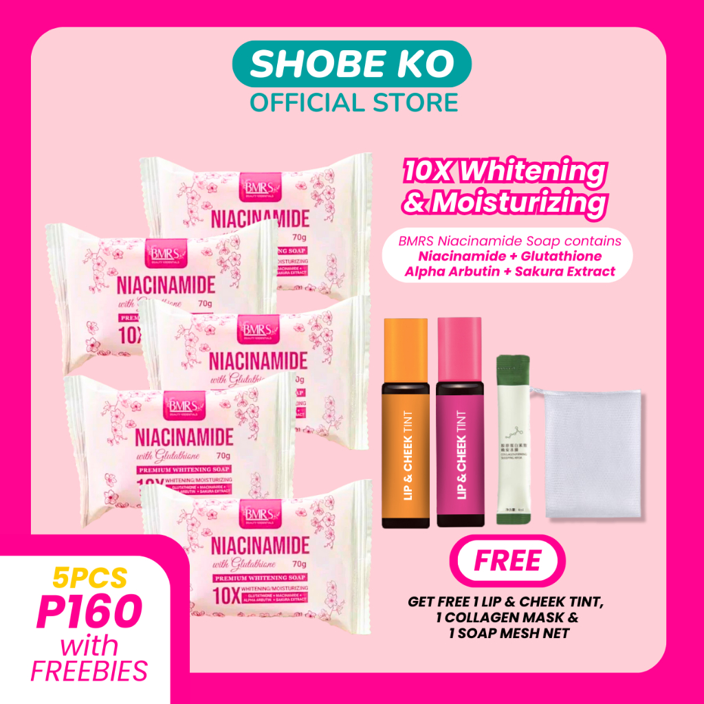 SHOBE KO 5PCS BMRS Niacinamide Soap 70g with FREE Liptint, Collagen ...