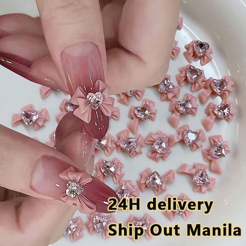10 PC DIY 3D Ribbon Bow Rhinestone Bow Nails Pink Diamond Nail Art ...