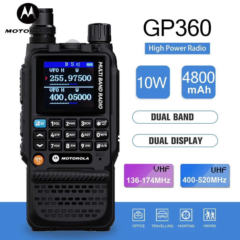 MOTOROLA GP360 Walkie Talkie Dual Band Portable UHF VHF 4800mAh High ...