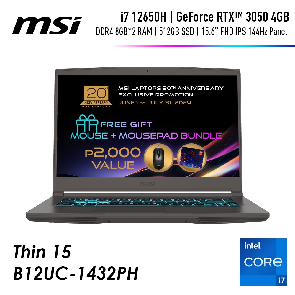 MSI Thin 15 B12UC-1432PH Gaming Laptop (i7-12650H / RTX3050 / 16GB ...