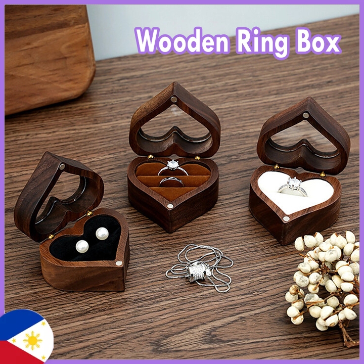 Ring Box Heart Walnut Wood Ring Box Proposal Engagement Ring Holder ...