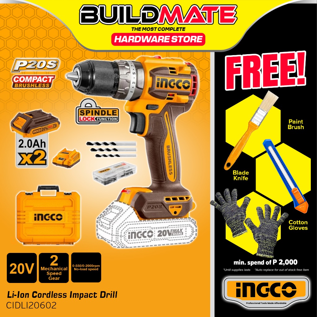 BUILDMATE Ingco 20V 2-Speed Brushless Compact Cordless Impact Drill ...