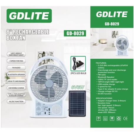 GDLITE 8Inch GD-8029 Solar Power Desk Fan Rechargeable Fan with ...