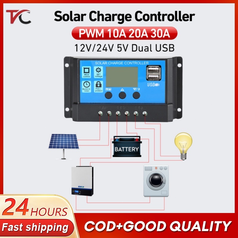 10A 20A 30A Solar Charge Controller PWM 12V/24V Battery Regulator Solar ...