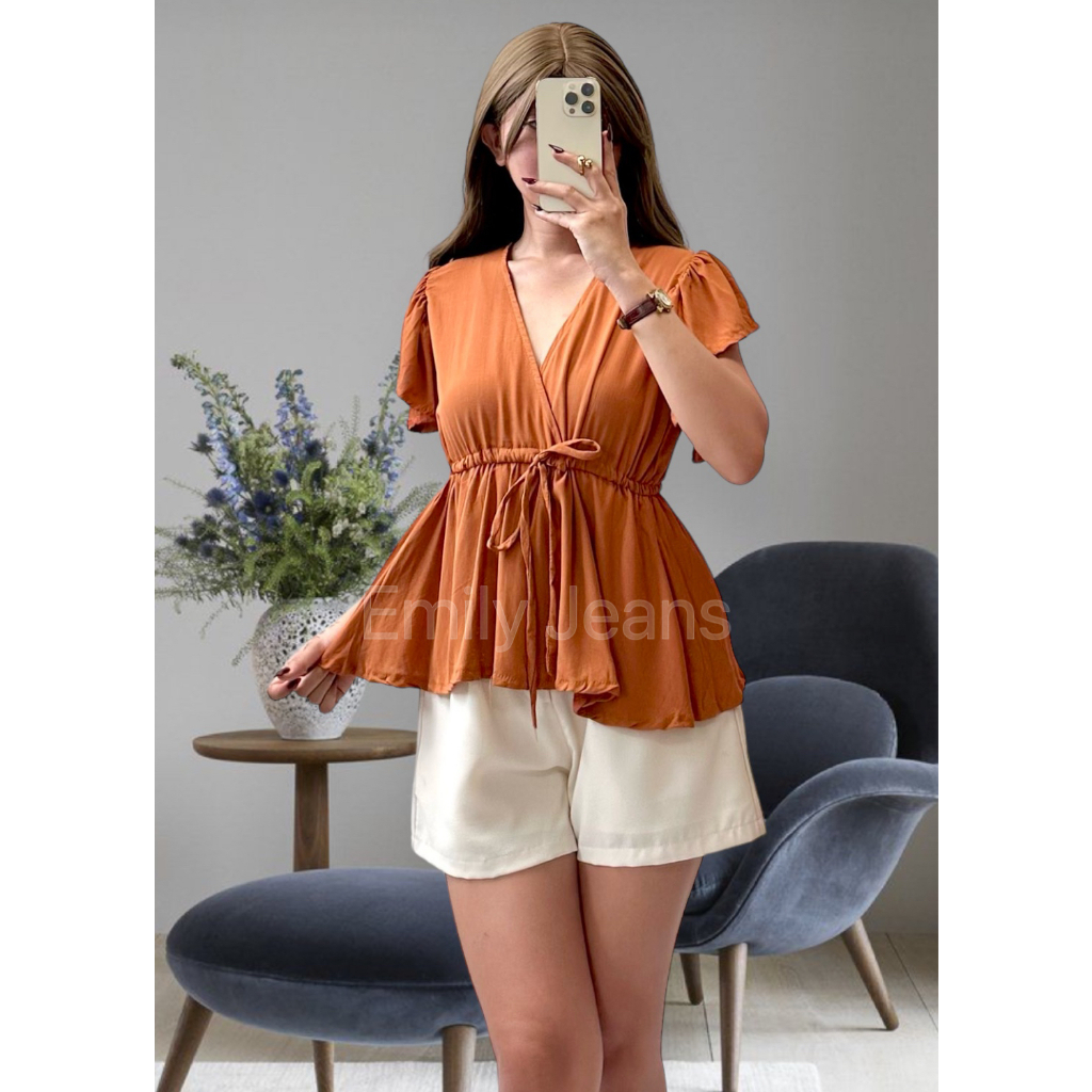 EMILY Challis Sexy V-Neck Ribbon Tie Waist Ruffle Sleeve Comfy Short ...