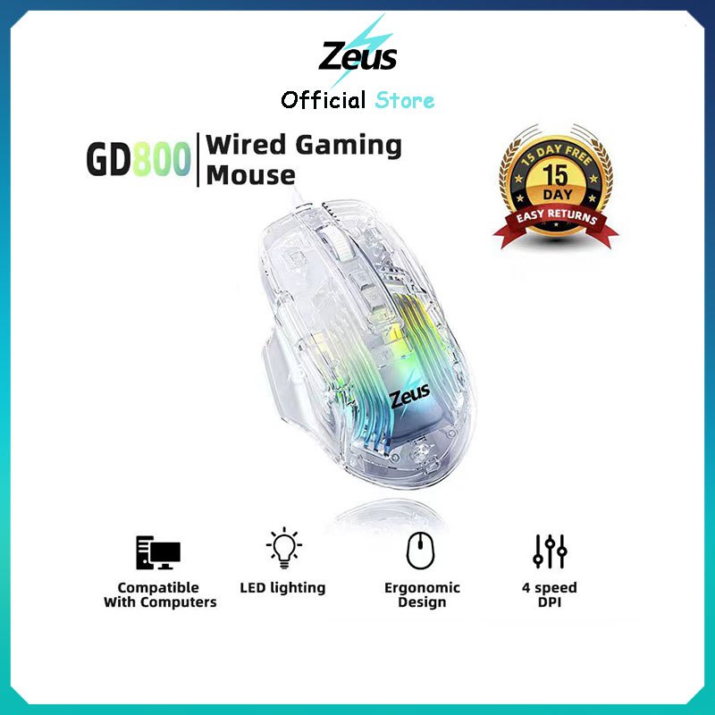 Zeus® transparent wired gaming mouse features 4-level DPI RGB and