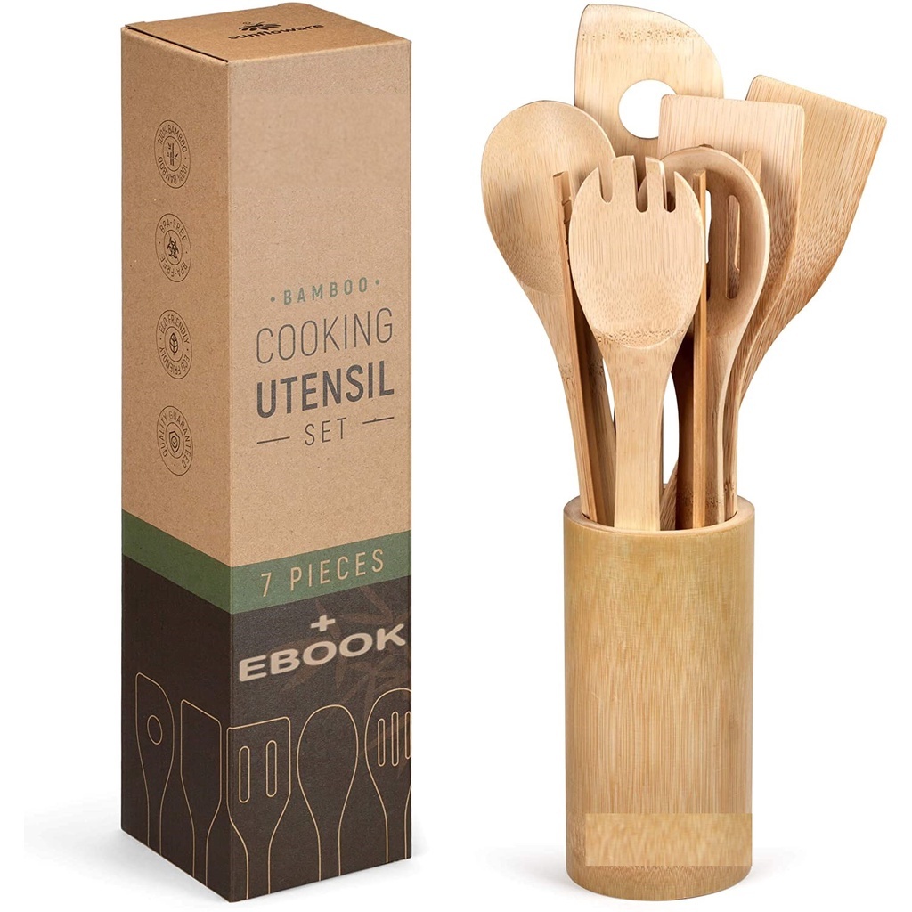 8in1 Bamboo spatula set wooden set portable tableware cooking Kitchen ...