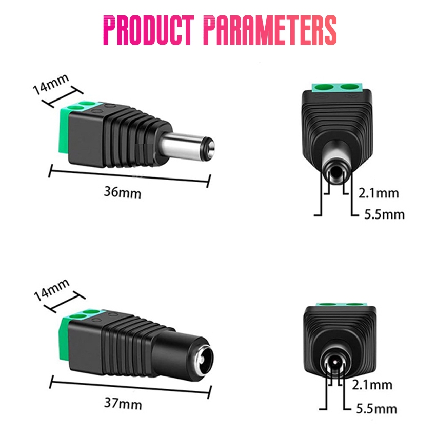5 Pairs 5.5 x 2.1mm Male and Female DC Socket Adapters 12V CCTV Camera ...