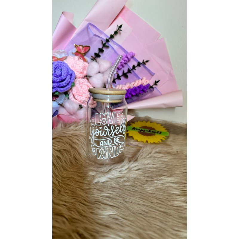 Personalized / Custom made Soda Glass Cup with Bamboo Lid and Straw