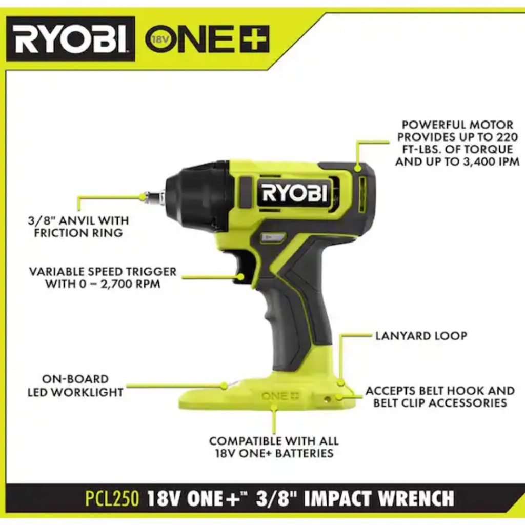RYOBI ONE+ 18V Cordless 3/8 in. Impact Wrench (Tool Only), PCL250B ...