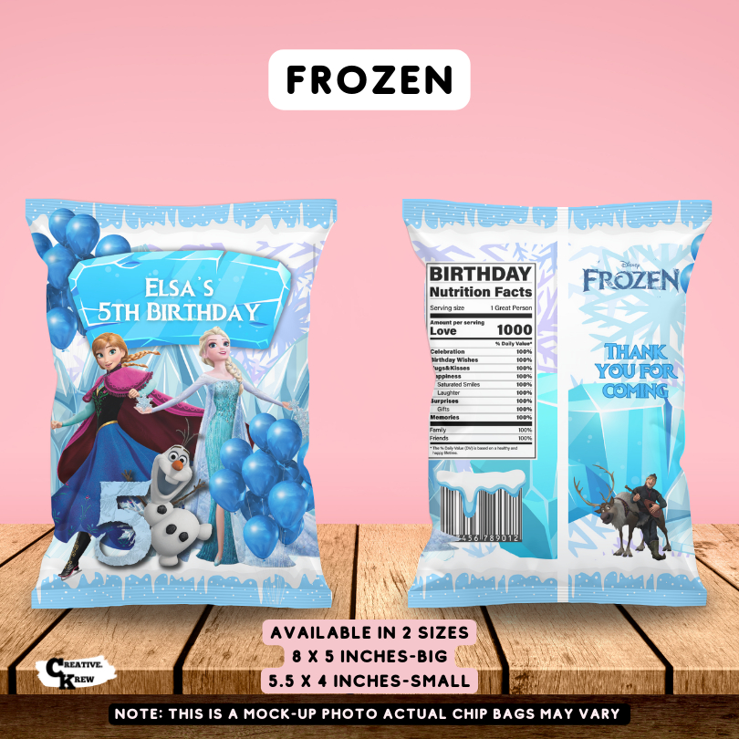 Frozen theme Chip Bags Party Loot Bag Personalize Name Glossy