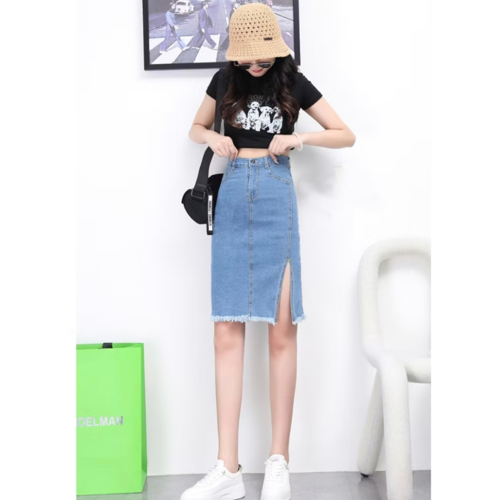 Denim button skirt knee length best sale