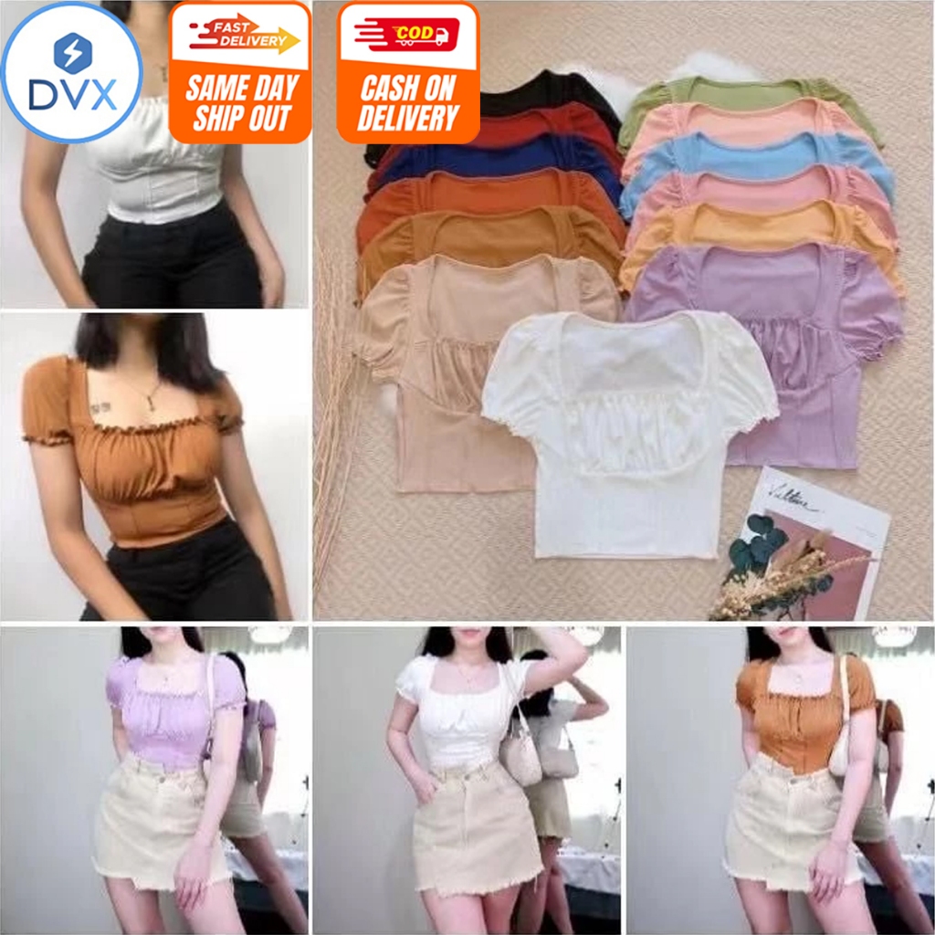 COD DVX #5773 Quinn Ruched Puff-Sleeve Crop Top Fashion Trendy Women's ...
