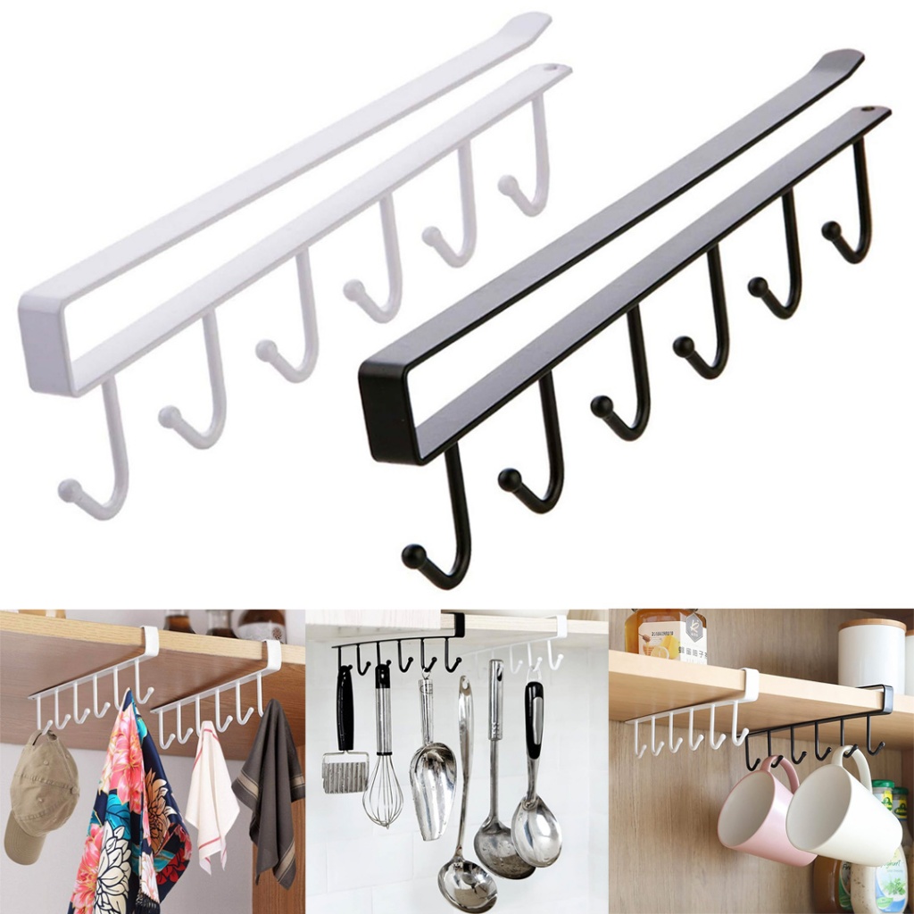 6 Hooks Cup Holder Hang Kitchen Cabinet Shelf Storage Rack Organizer ...