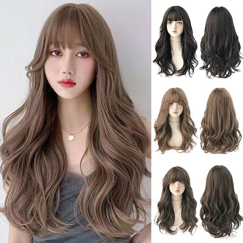 Wig Female Long Curly Wigs with Air Bangs Big Wave Natural Fluffy Full