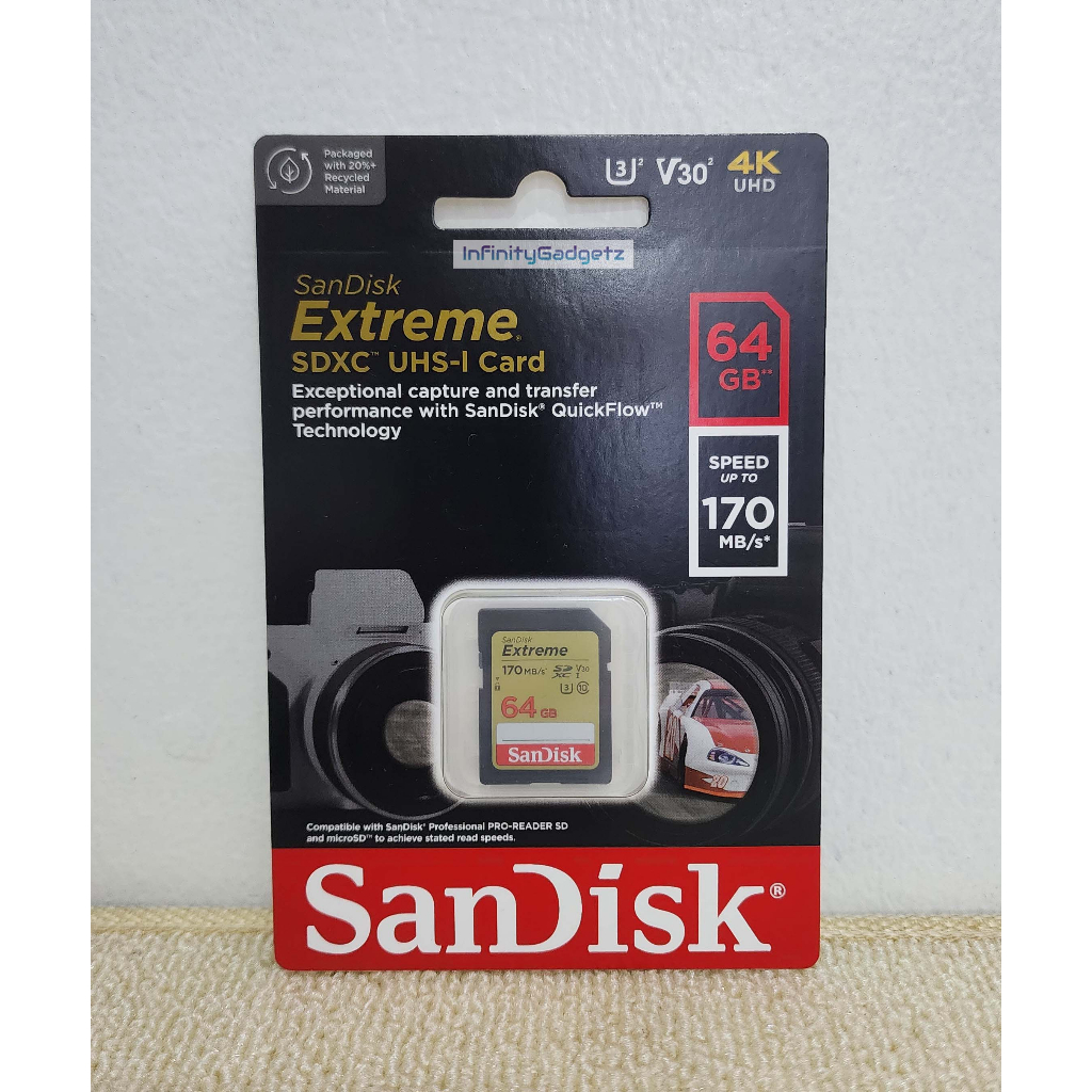 SanDisk Extreme 64GB SDXC Class 10 170MB/s UHSI U3 V30 4K SD Card