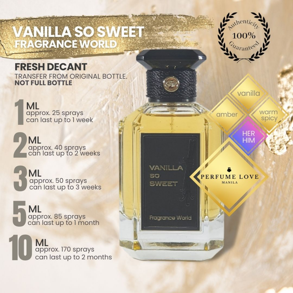 PERFUME DECANT Fragrance World Vanilla so Sweet amber, vanilla, warm
