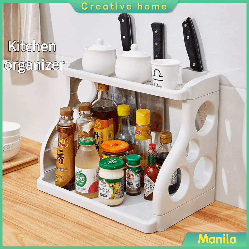 P002 COD Double Layer Kitchen Organizer Shelf Seasoning Floor Knives ...