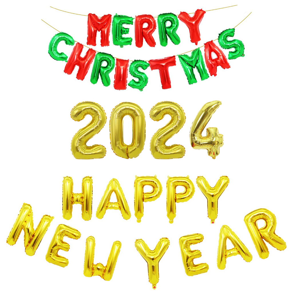 Merry Christmas Letters Alphabet Balloons 2024 Happy New Year Banner