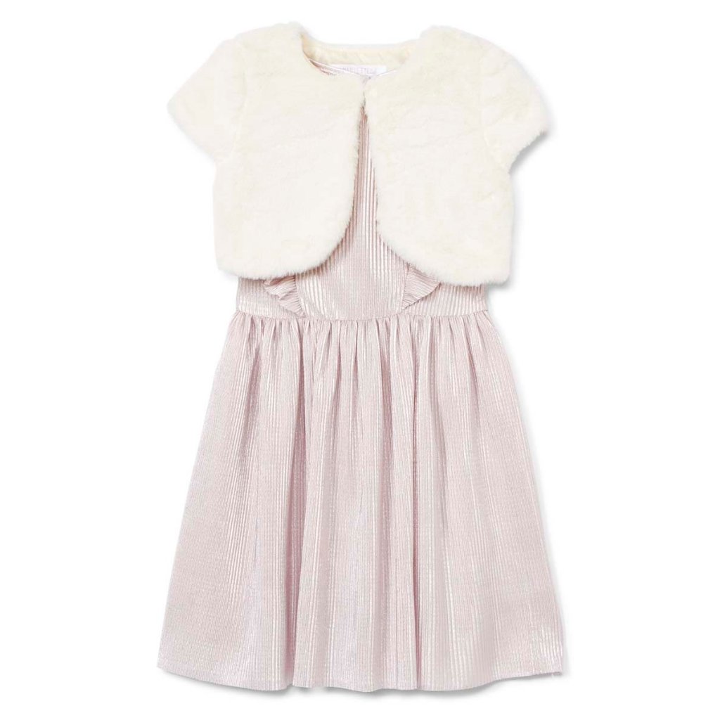 Nannette Kids Pink Pleated A-Line Dress & Cream Faux Fur Shrug (Size: 6 ...