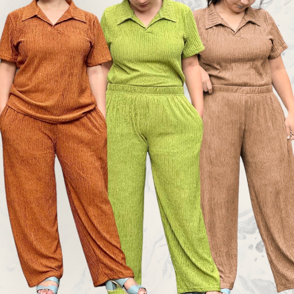Andrea Collar Basic Pants Coordinates | Bark Crepe | Freesize fit Med to XL | Shopee Philippines